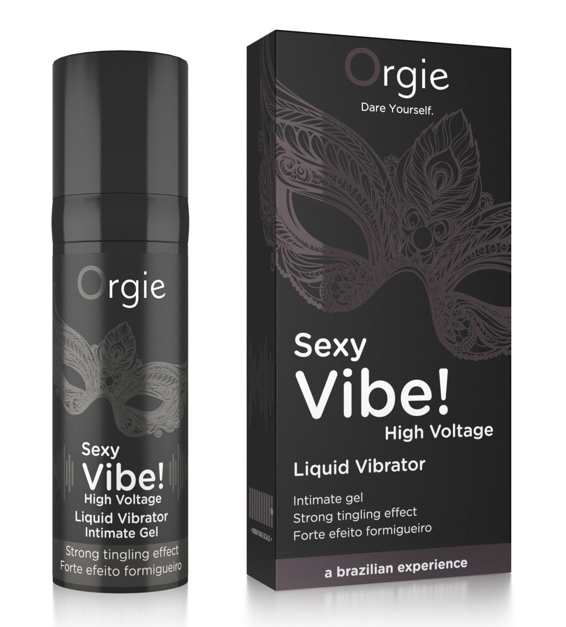 Schwarze Produktverpackung und Flasche. Marke Orgie, Produktname Sexy Vibe! High Voltage. Masken-Design.