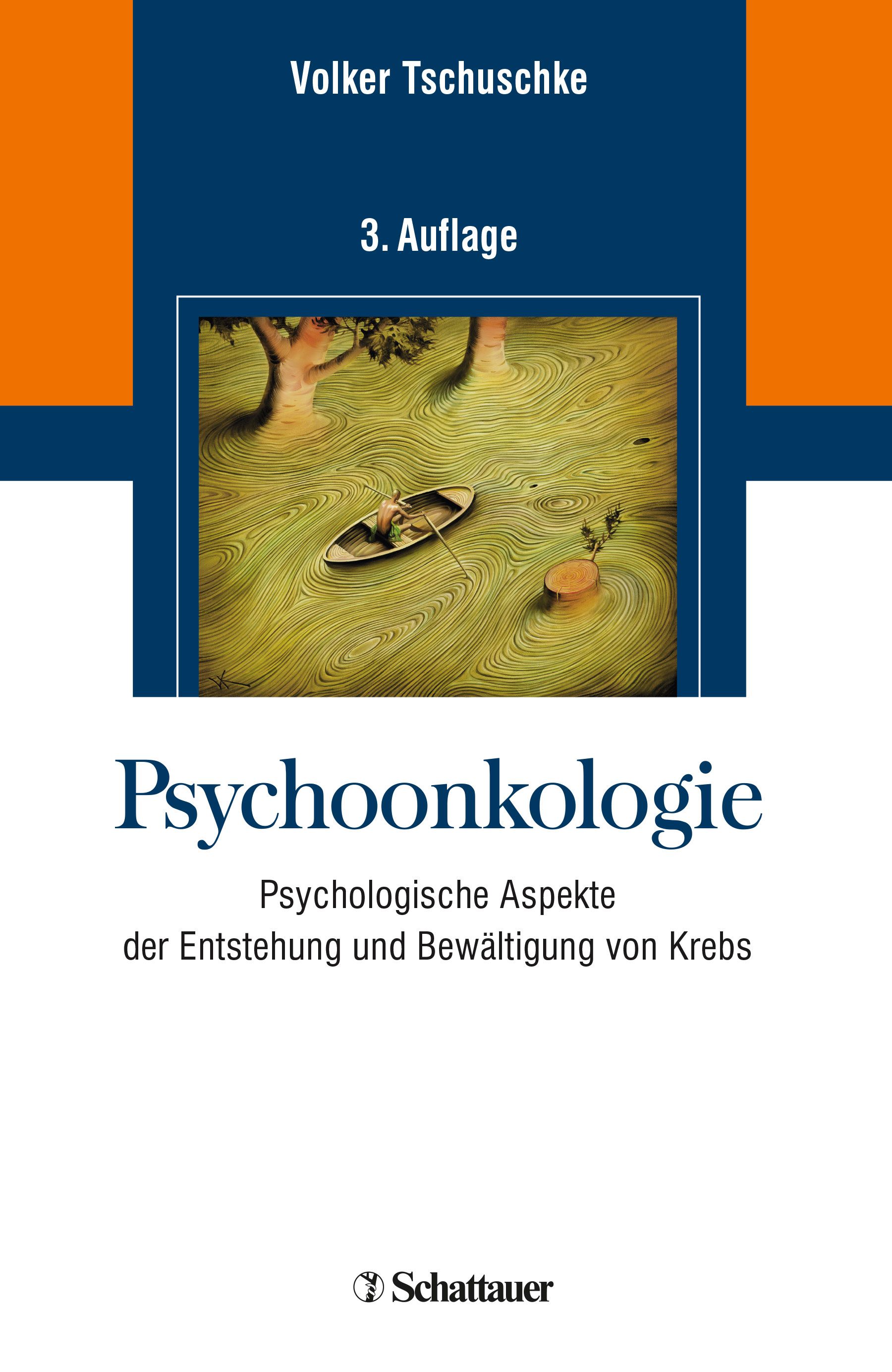 Buchcover: Psychoonkologie. Titel, Autor, 3. Auflage. Abbildung: Mann im Boot auf welligem Wasser. Verlag: Schattauer.