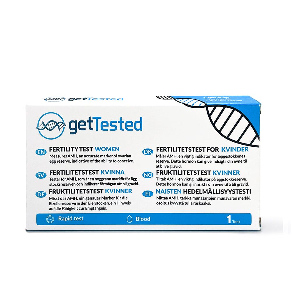 GetTested Fruchtbarkeitstest für Frauen. Weiße Verpackung mit blauer Schrift. Mehrsprachige Produktinformationen.