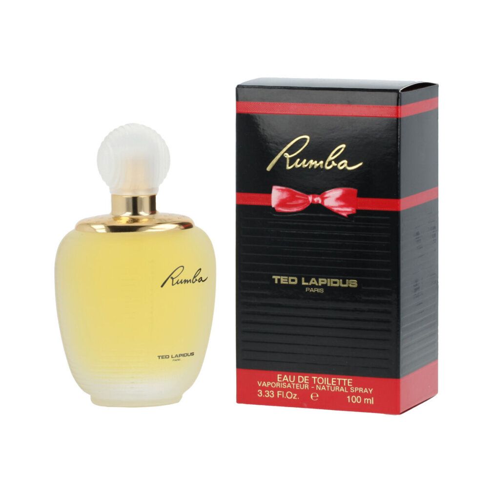 Rumba Eau de Toilette Flakon und Verpackung. Schwarze Schachtel mit roter Schleife und Schriftzug Rumba.