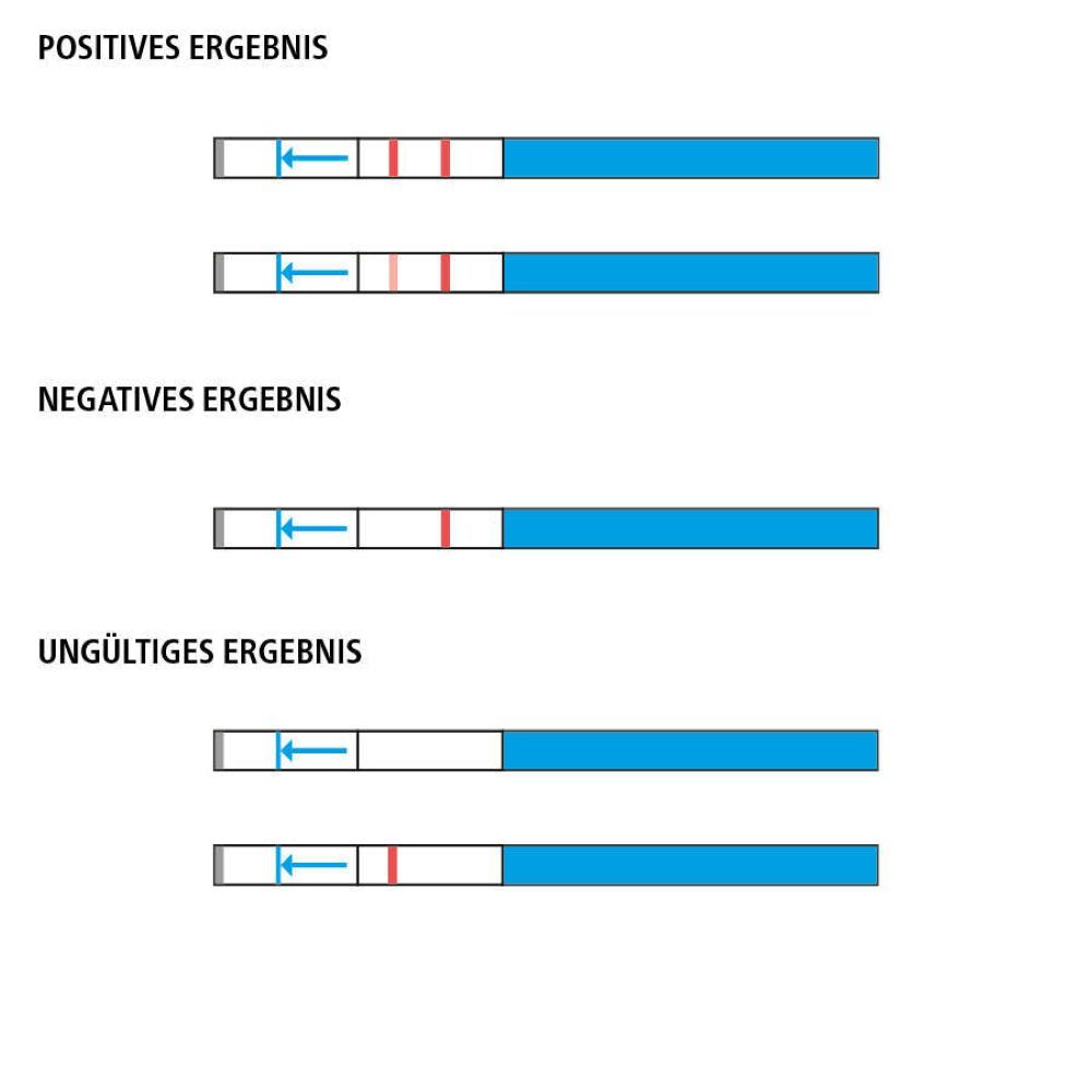 Ergebnisdarstellung des Tests. Zeigt positive, negative und ungültige Ergebnisse mit farbigen Linien auf Teststreifen.
