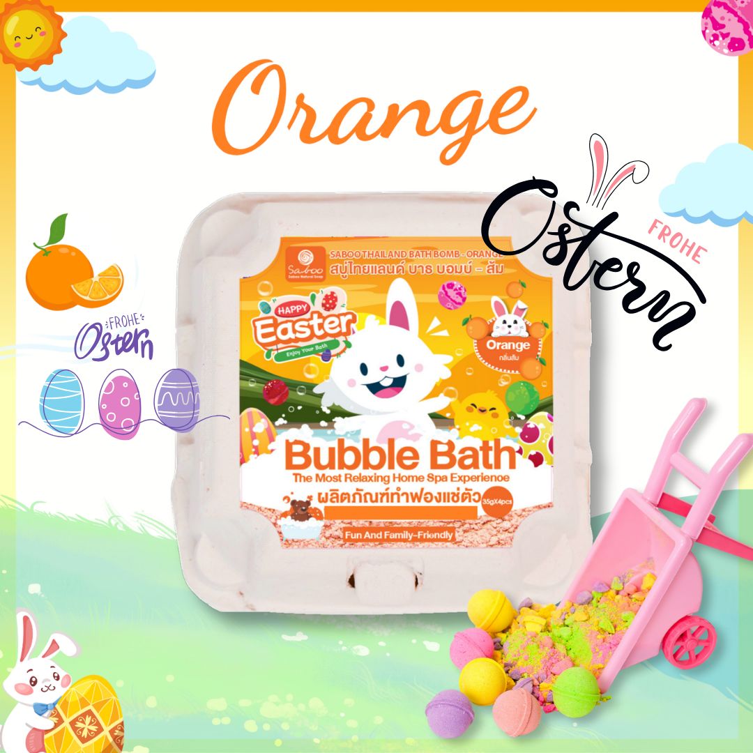 Verpackung mit Schaumbad-Eiern, orangefarben. Aufschrift "Bubble Bath". Ostereier und Hase im Hintergrund.