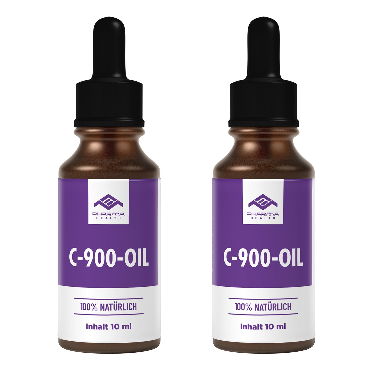 Zwei braune Flaschen mit schwarzer Pipette. Auf lila Etikett: C-900-OIL, 100% natürlich, Inhalt 10 ml. Pharma Health Logo.