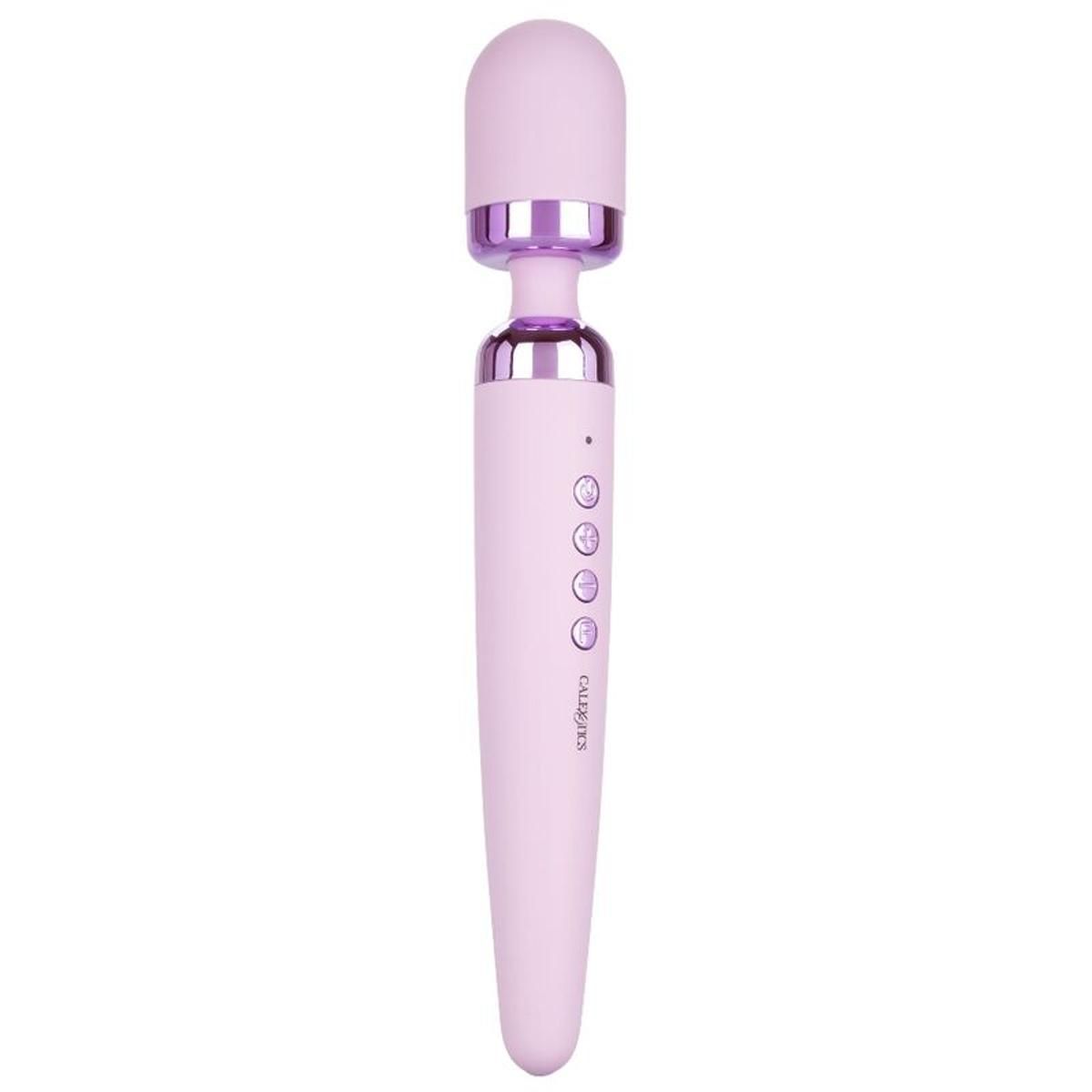 Lila Massagestab. Zylindrischer Griff, abgerundeter Kopf. Knöpfe und Markenschriftzug CALIFORNIAN EXOTICS.