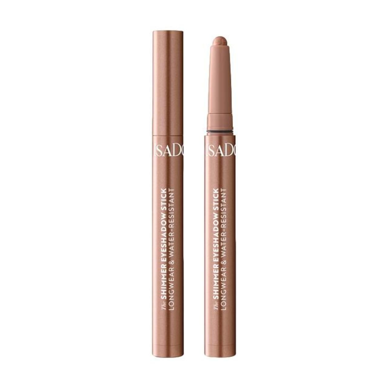 Zwei braune Eyeshadow-Sticks. Einer ist geschlossen, der andere geöffnet. Aufschrift: The Shimmer Eyeshadow Stick Longwear & Water-Resistant.