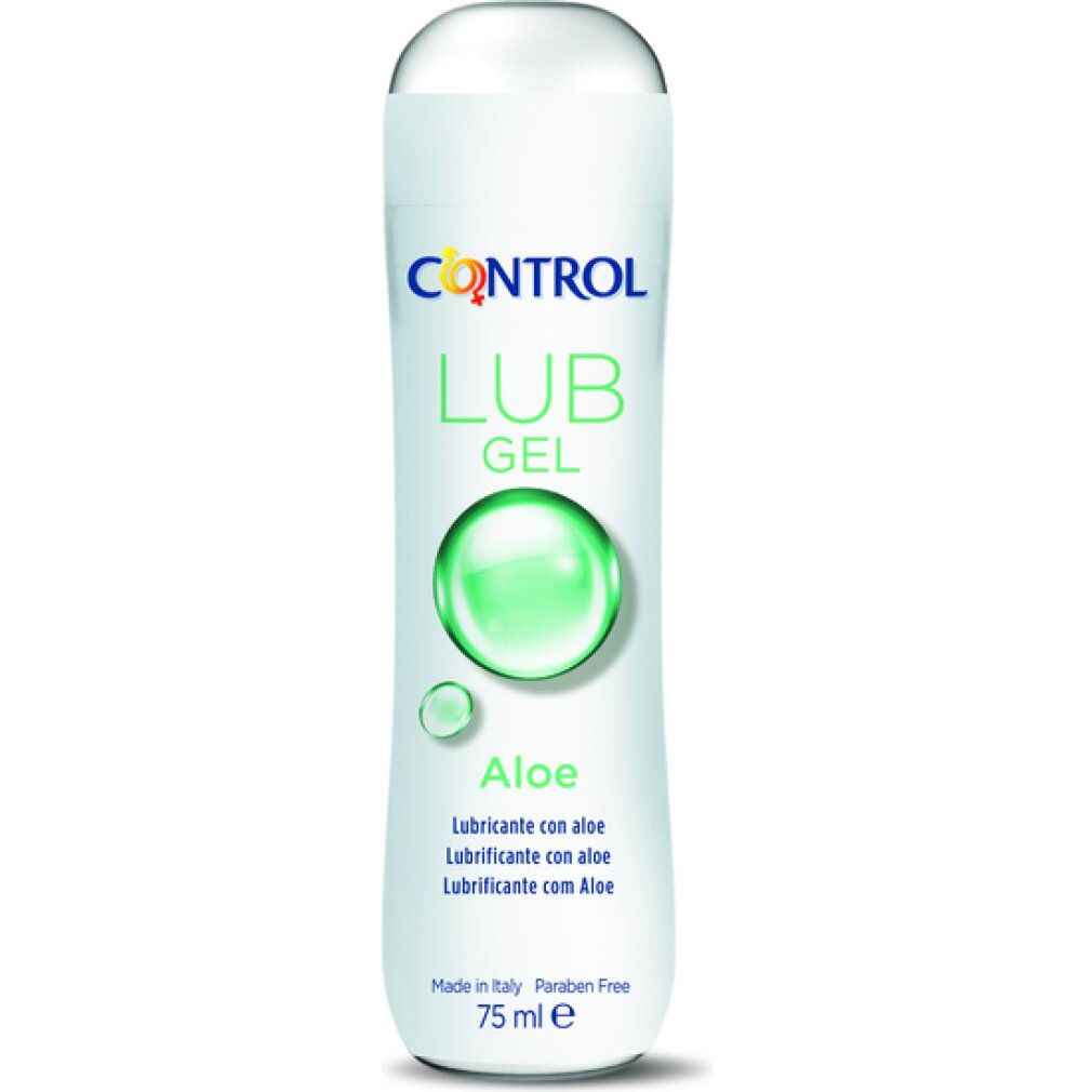 Weißes Fläschchen mit "CONTROL LUB GEL Aloe". Enthält 75 ml. Hergestellt in Italien. Parabenfrei.