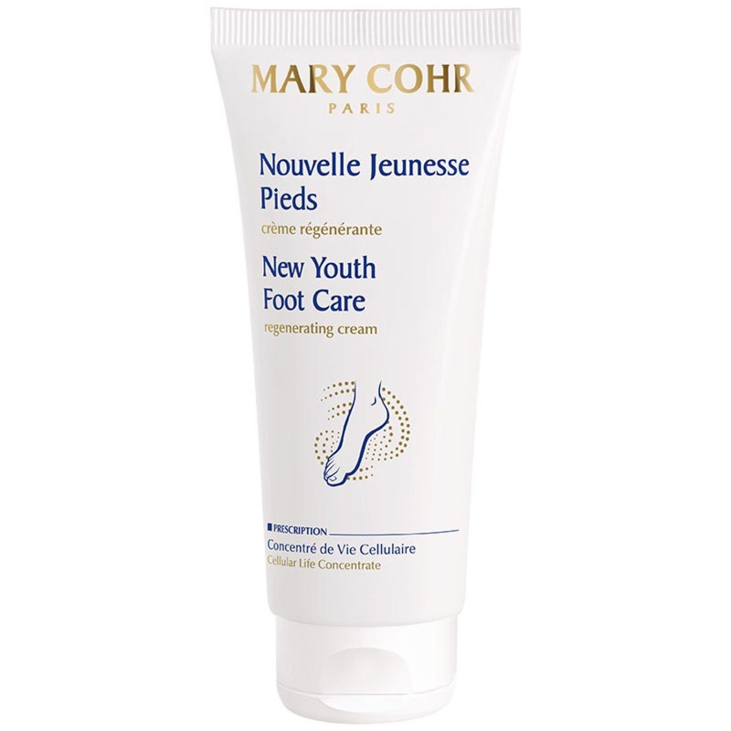 Weiße Tube mit Produktnamen und Logo. Text: Nouvelle Jeunesse Pieds, New Youth Foot Care. Fuß-Illustration.