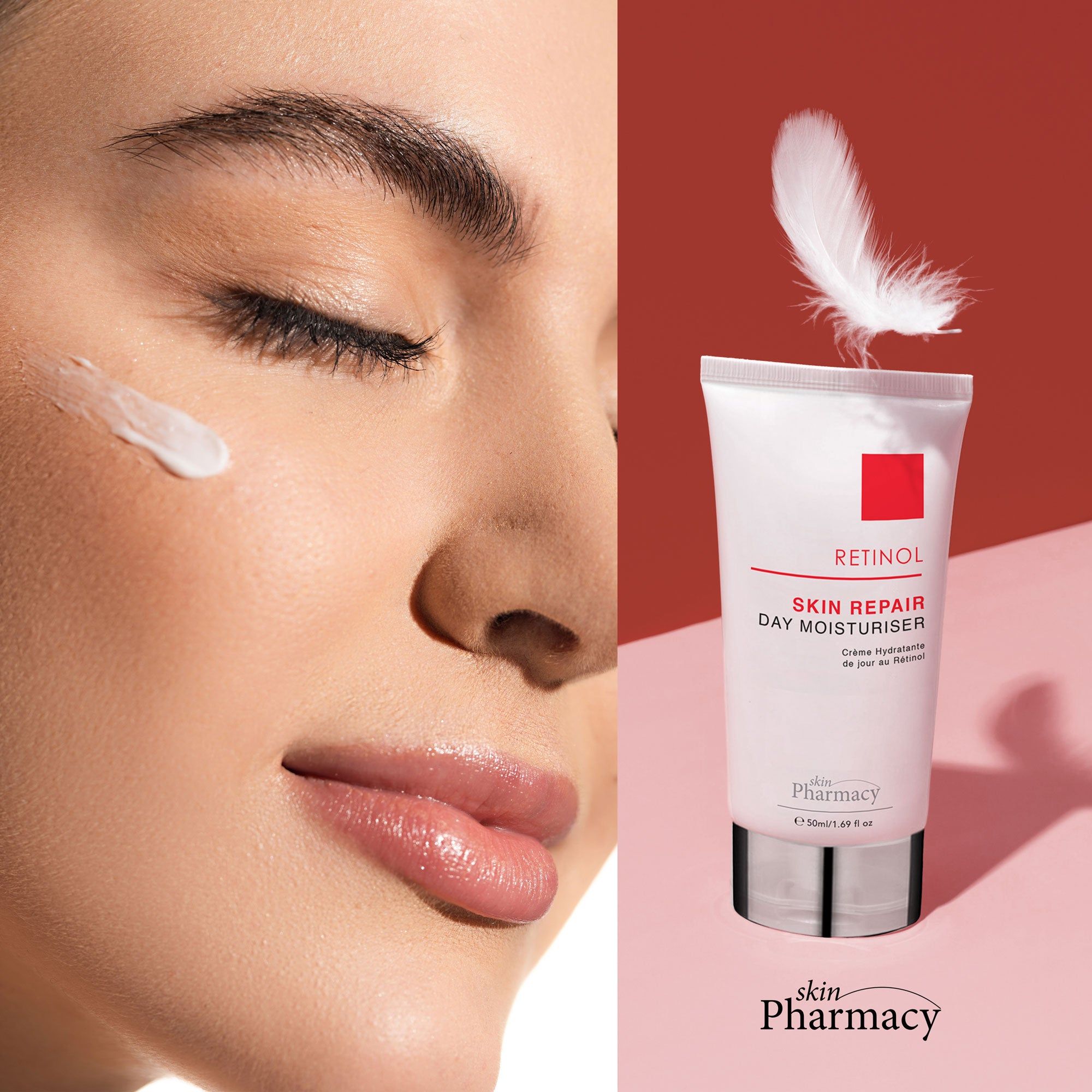 Gesicht mit Creme aufgetragen. Weiße Tube mit rotem Quadrat und Aufschrift Retinol Skin Repair Day Moisturiser.