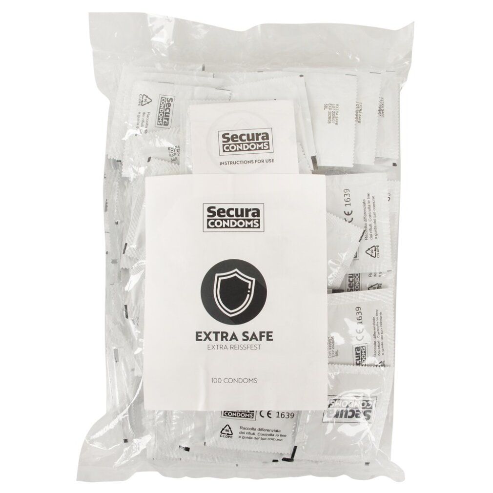 Packung Kondome in Folie. Aufdruck: Secura Condoms, Extra Safe, 100 Kondome. Schild-Symbol.