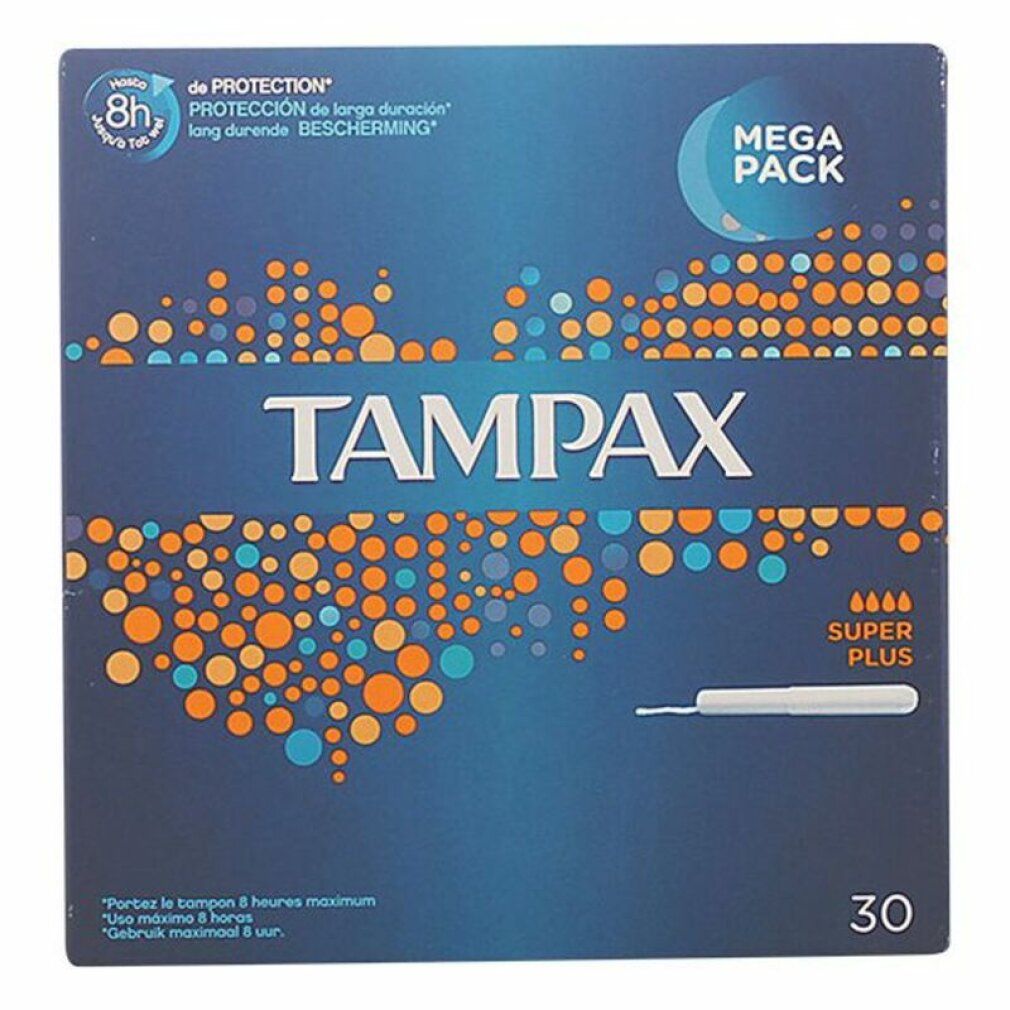 Blauwe doos met TAMPAX Super Plus tampons. Mega Pack. 30 stuks. 8 uur bescherming.