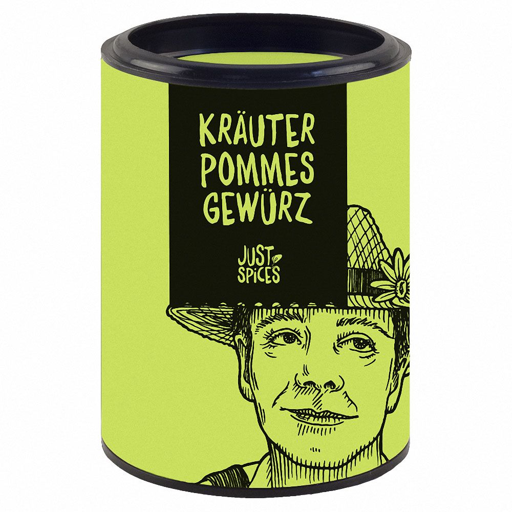 Zylindrische Dose mit schwarzem Deckel. Aufschrift: Kräuter Pommes Gewürz, Just Spices. Illustration eines Mannes mit Hut.