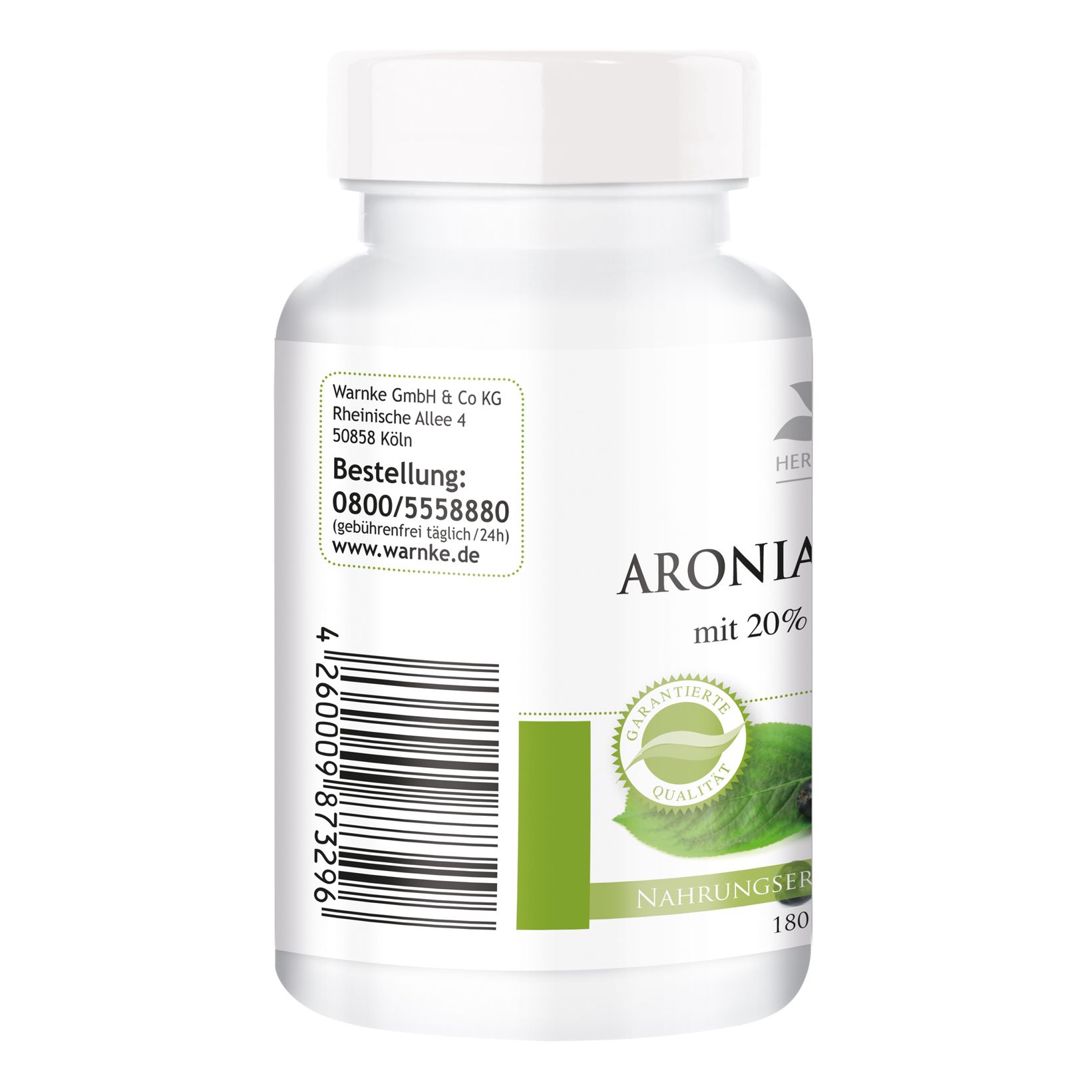 Rückseite der weißen Flasche. Aufschrift: ARONIA-EXTRAKT mit 20% Anthocyanen. Grün-weißes Etikett. Siegel: Garantierte Qualität. 180 Kapseln. Adressinformationen.