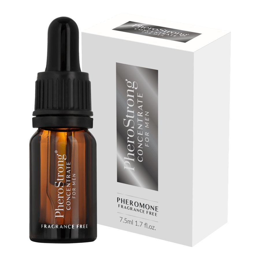 Braune Glasflasche mit Tropfer und Verpackung. Aufschrift: PheroStrong Concentrate for Men, Fragrance Free.
