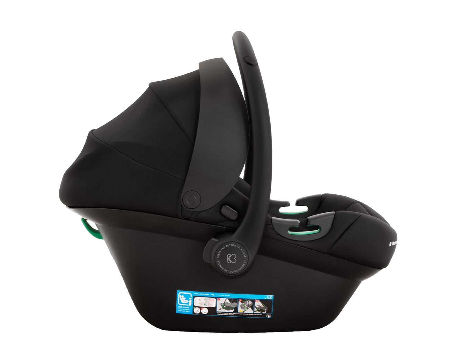 Schwarzer Baby-Autositz mit integrierter Basis und Stützfuß.