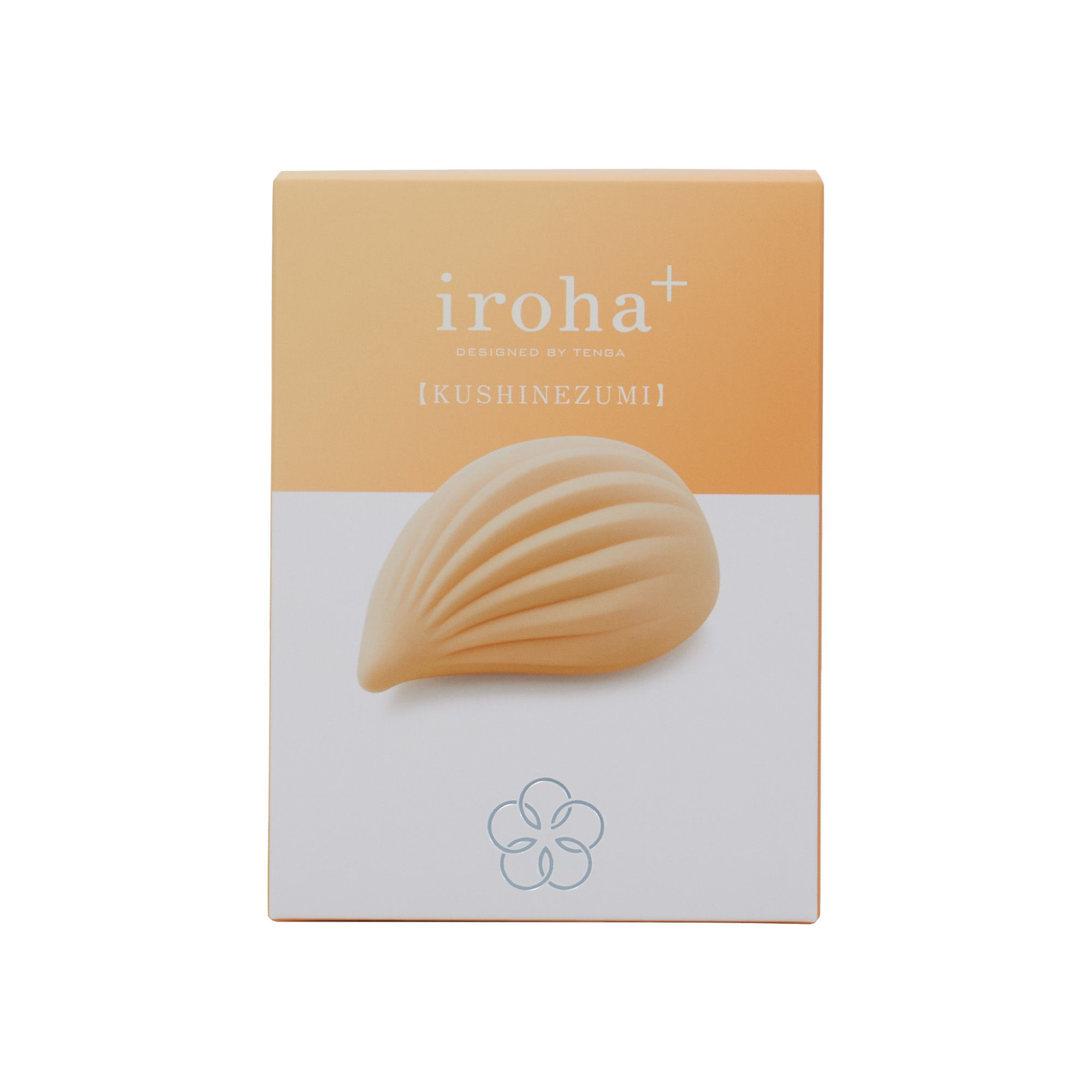 Verpackung mit dem Produkt iroha+ KUSHI RENEWAL. Beige Vibrator in Tropfenform abgebildet. Logo und Produktname sichtbar.