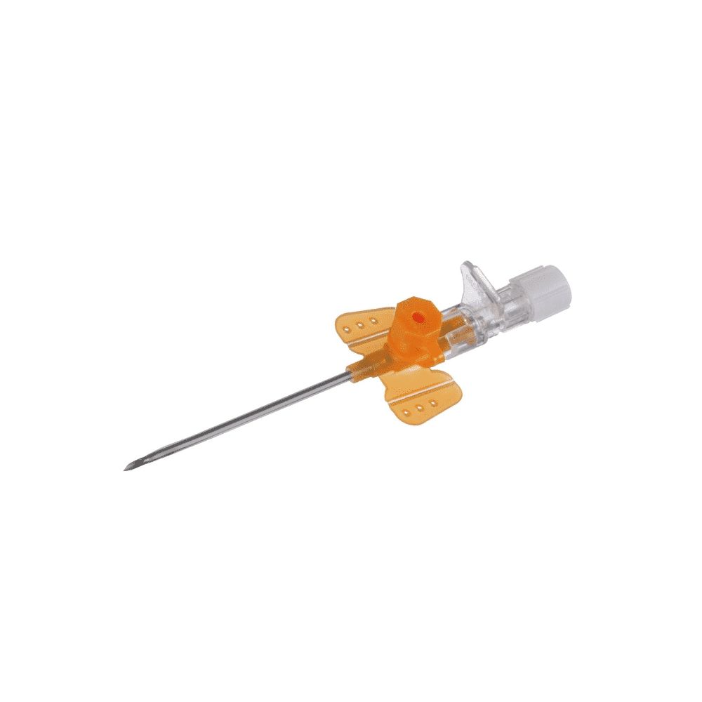 Kanüle mit orangefarbenen Flügeln und transparentem Gehäuse. Sichtbare Nadelspitze.