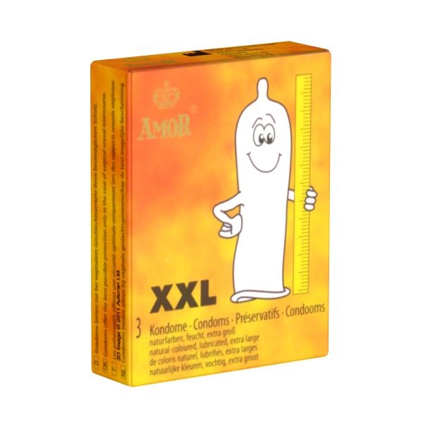 Verpackung mit Kondomen. Aufschrift: AMOR XXL. Enthält 3 Kondome. Natürliche Farbe, feucht, extra groß.