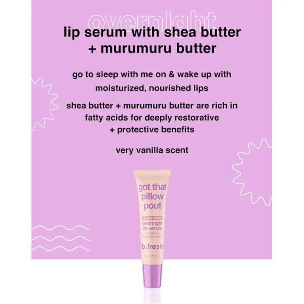 Werbung für Overnight Lip Serum. Text: Overnight Lip Serum mit Sheabutter + Murumurubutter. Produkt: Tube mit rosa Schrift.