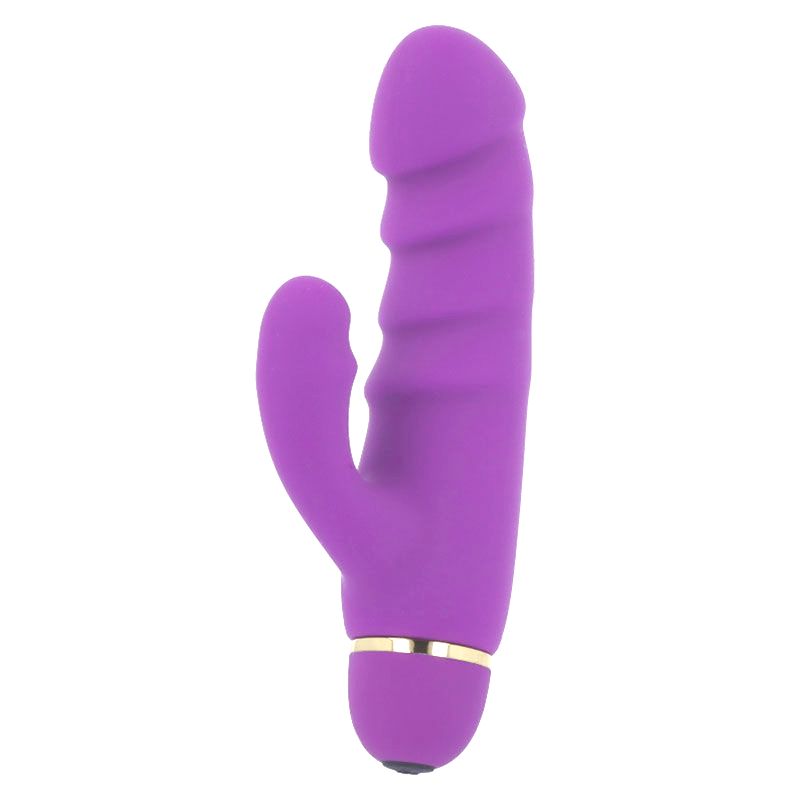 Lila Vibrator mit geriffelter Oberfläche und gebogener Form. Goldfarbener Ring am unteren Ende.