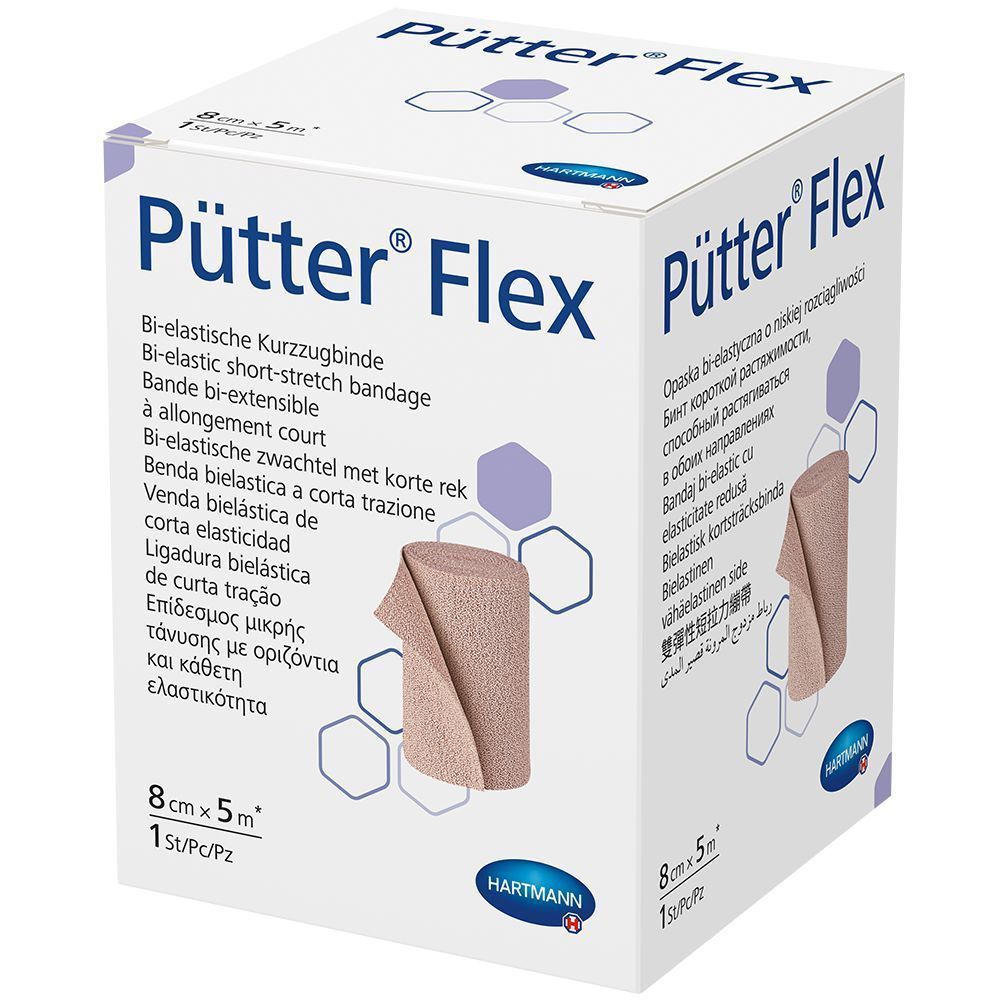 Verpackung von Pütter Flex. Bi-elastische Kurzzugbinde. Größe: 8 cm x 5 m. Hartmann Logo. Mehrsprachige Beschriftung.