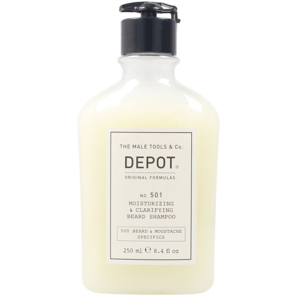 Behälter mit Depot 501 Bartshampoo. Weißes Etikett mit Produktinformationen. Schwarzer Pumpverschluss.