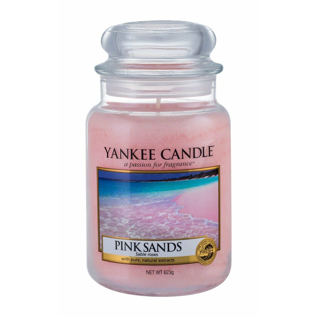 Yankee Candle Pink Sands im Glas. Rosa Wachs, Etikett mit Strandmotiv. Deckel aus Glas. Netto 623g.
