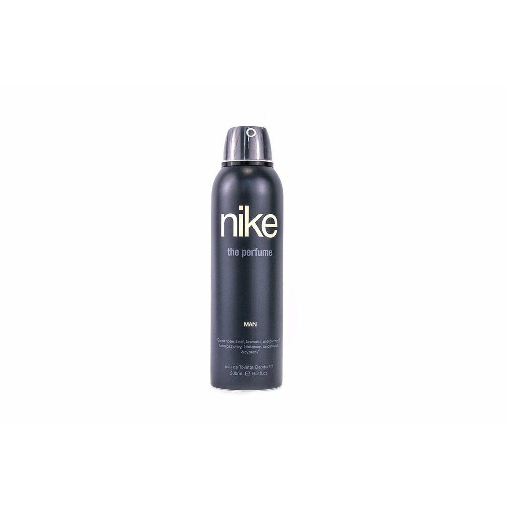 Schwarze Deodorant-Spray-Flasche. Aufschrift: Nike, the perfume, MAN. Transparenter Sprühkopf.