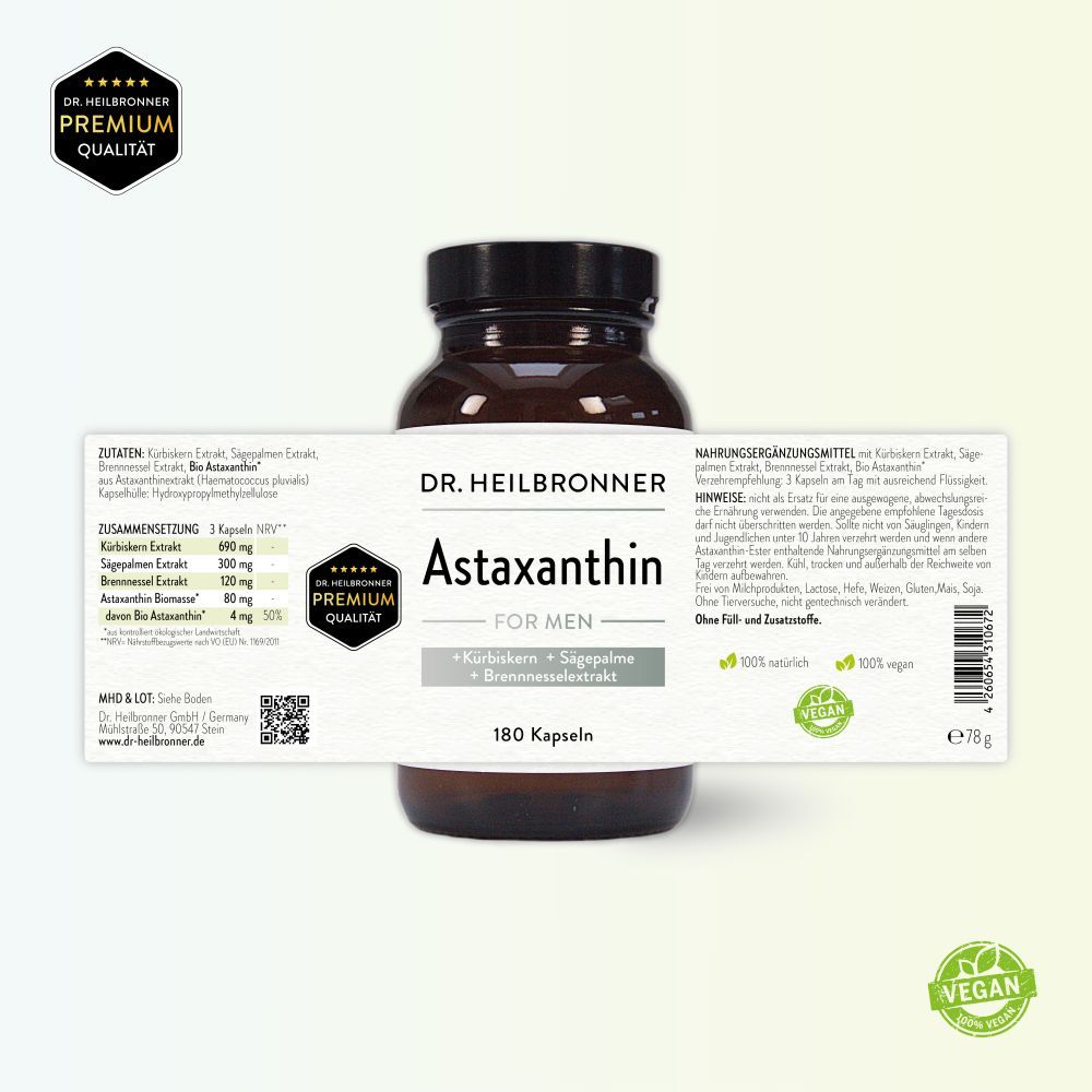 Braune Glasflasche mit Astaxanthin FOR MEN Kapseln. Zutatenliste und Hinweise überlagern die Flasche. Vegan-Siegel.