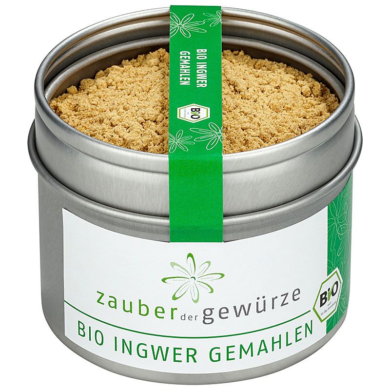 Runde Dose mit gemahlenem Ingwer. Etikett mit Schriftzug: Zauber der Gewürze Bio Ingwer gemahlen. Grün-weißes Etikett mit Bio-Siegel.