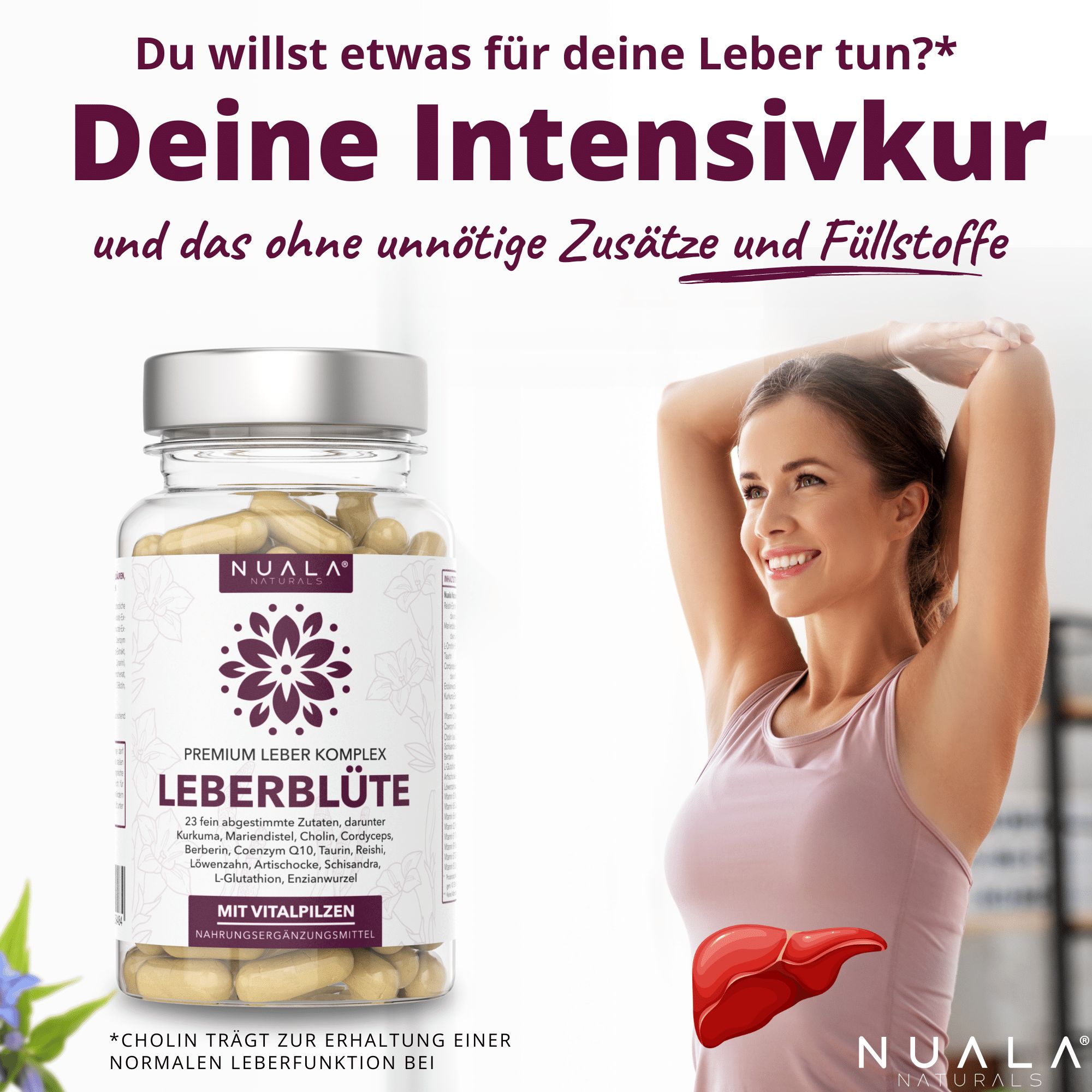 Glas mit Kapseln. Aufschrift: LEBERBLÜTE. Frau mit erhobenen Armen. Text: Intensivkur mit Cholin zur Unterstützung der Leber.