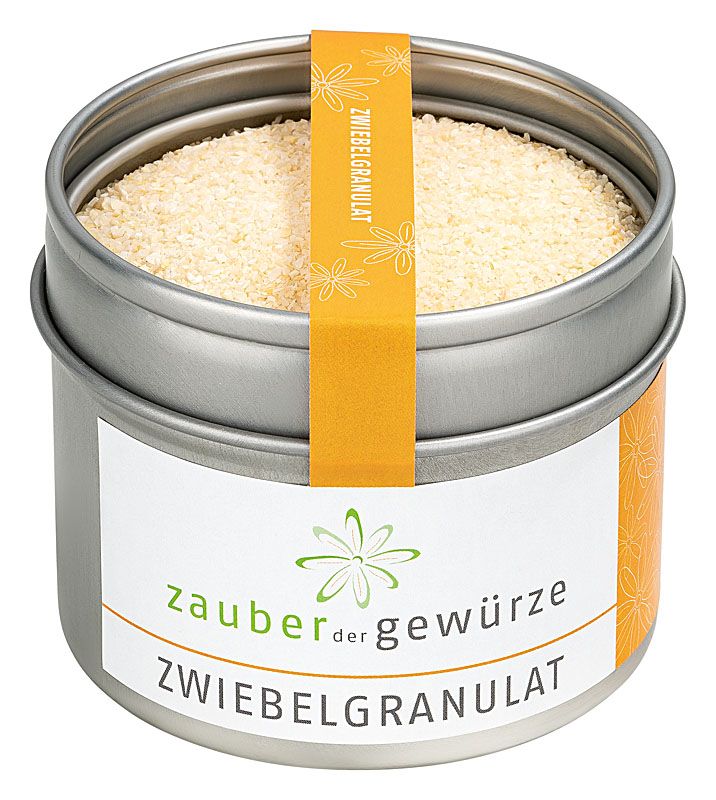 Zwiebelgranulat in Dose. Dose aus Metall mit Etikett und Aufkleber. Aufschrift: Zauber der Gewürze Zwiebelgranulat.