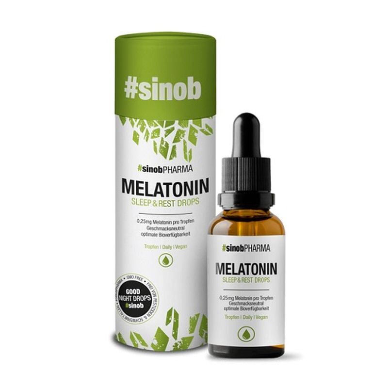Braune Glasflasche und grüne Verpackung mit Aufschrift #sinob, Melatonin Sleep & Rest Drops. Tropfflasche.