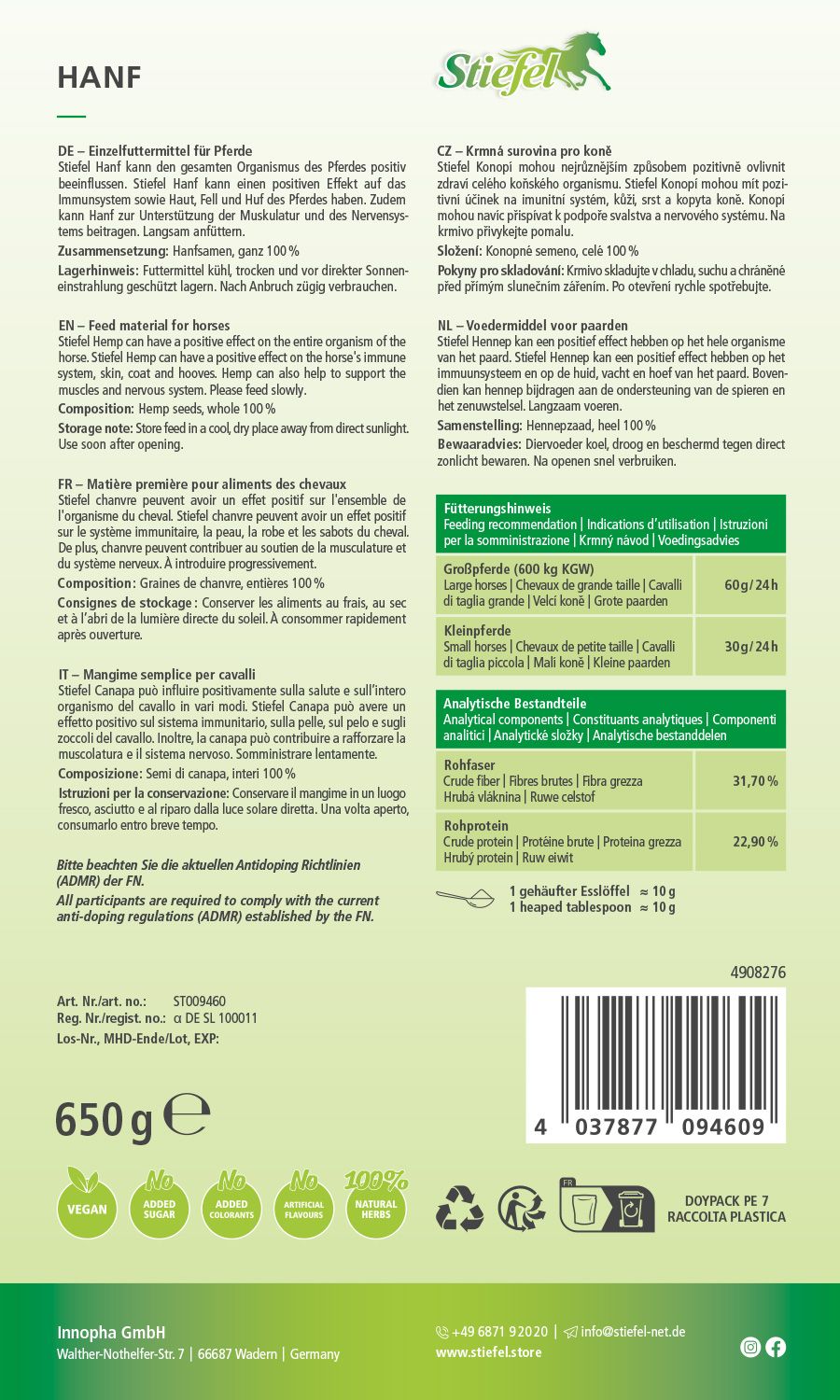 Rückseite der Verpackung von Stiefel Hanfsamen. Text in mehreren Sprachen. Enthält Informationen zu Inhaltsstoffen, Fütterungshinweisen und Analysedaten.