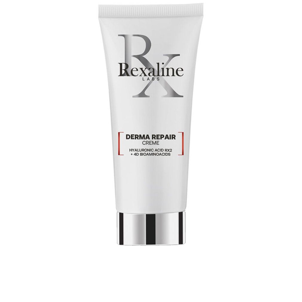 Weiße Tube mit silbernem Verschluss. Aufschrift: Rexaline Labs, Derma Repair Creme, Hyaluronsäure RX2 + 4D Bioaminosäuren.