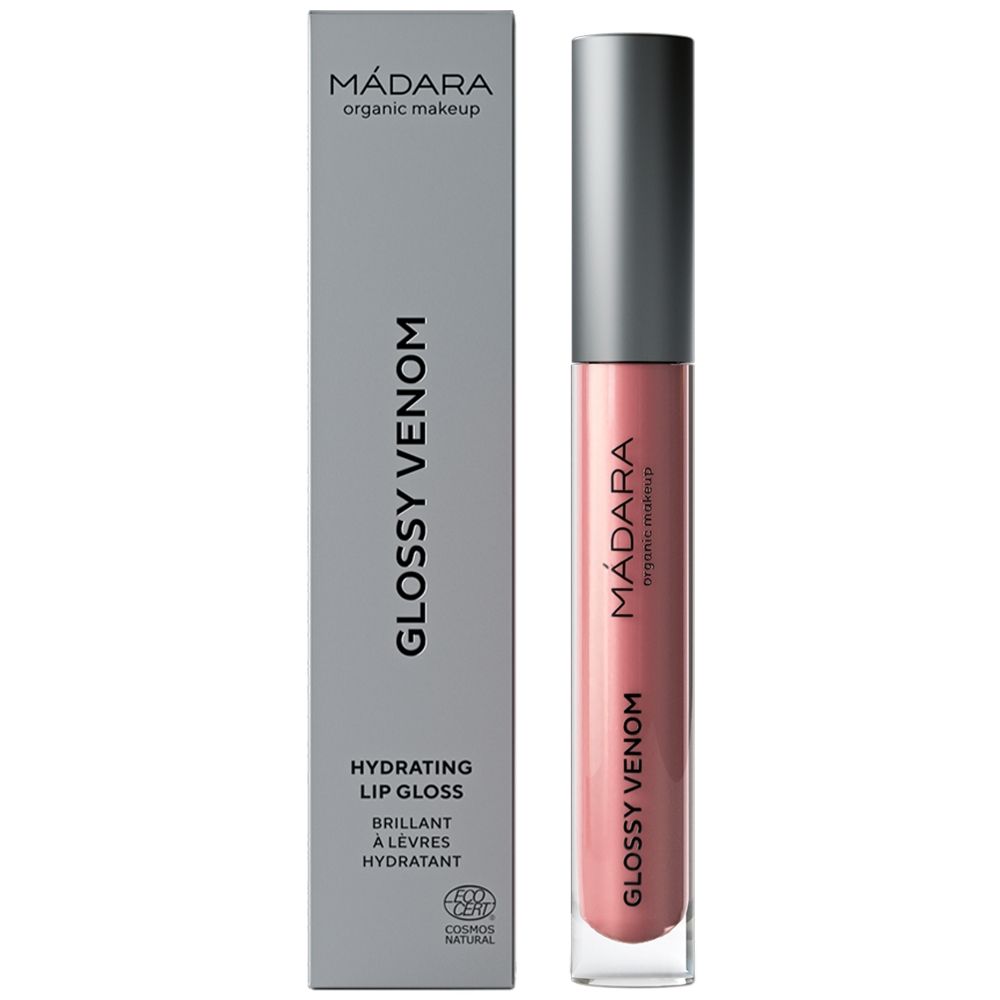 Lipgloss e confezione. Confezione grigia con scritta GLOSSY VENOM. Tubo di lipgloss con tappo argentato.