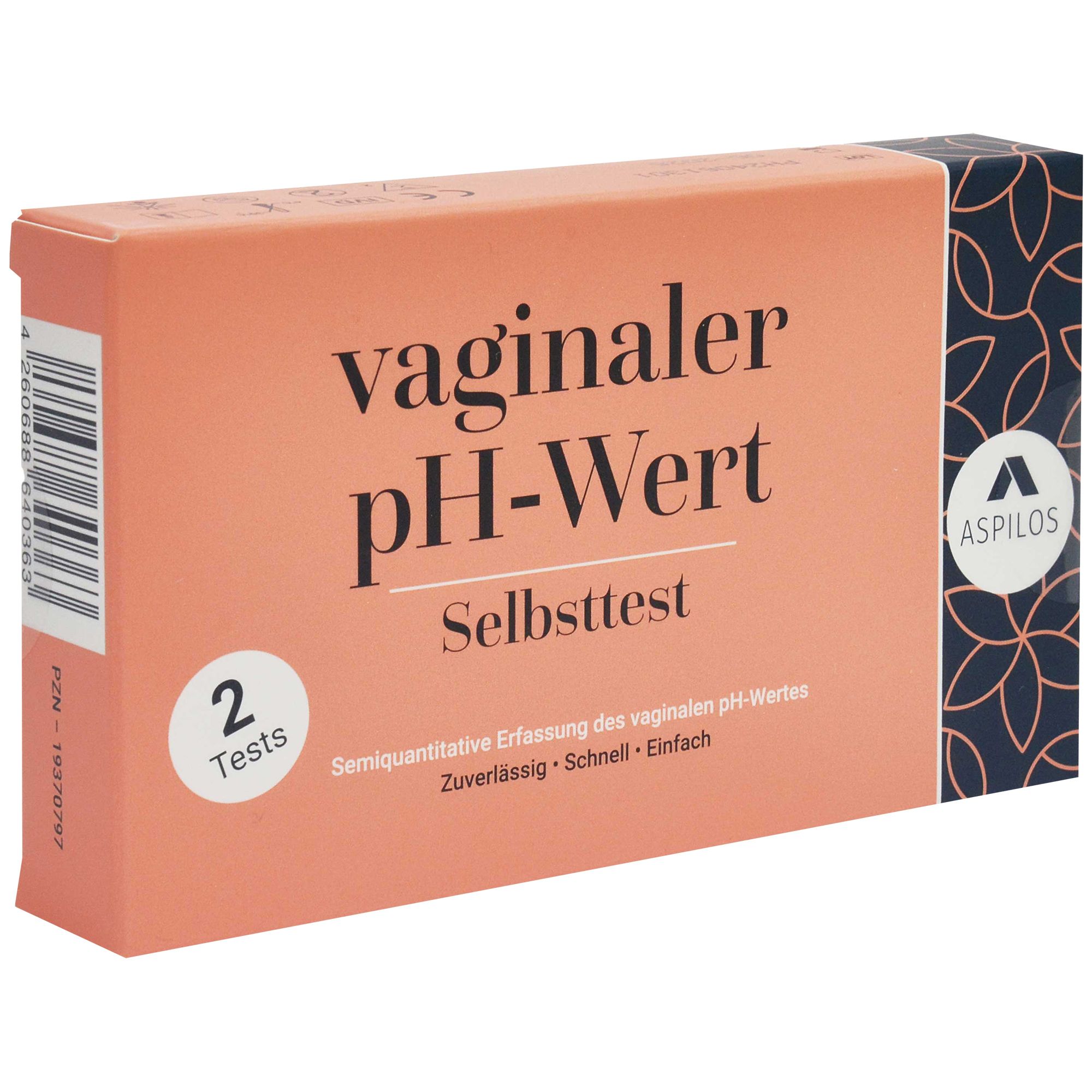Schräg gestellte Verpackung "vaginaler pH-Wert Selbsttest" mit 2 Tests. Marke ASPILOS.