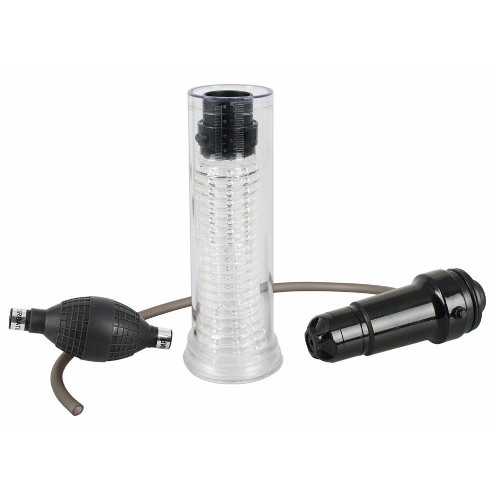 Pumpe mit transparentem Zylinder, schwarzem Kopf, Pumpe und separatem Aufsatz.