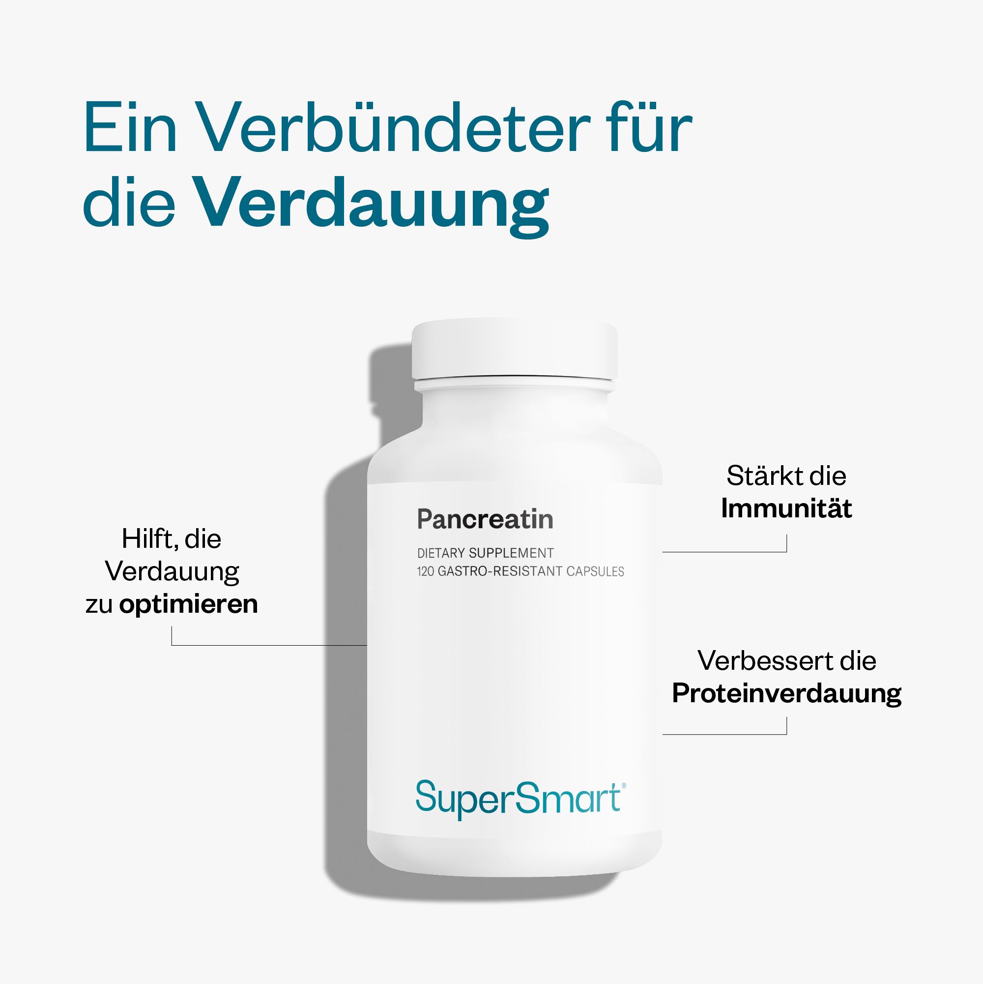 Weiße Flasche mit Pankreatin-Kapseln. Text: Hilft, die Verdauung zu optimieren, stärkt die Immunität, verbessert die Proteinverdauung. Marke: SuperSmart.