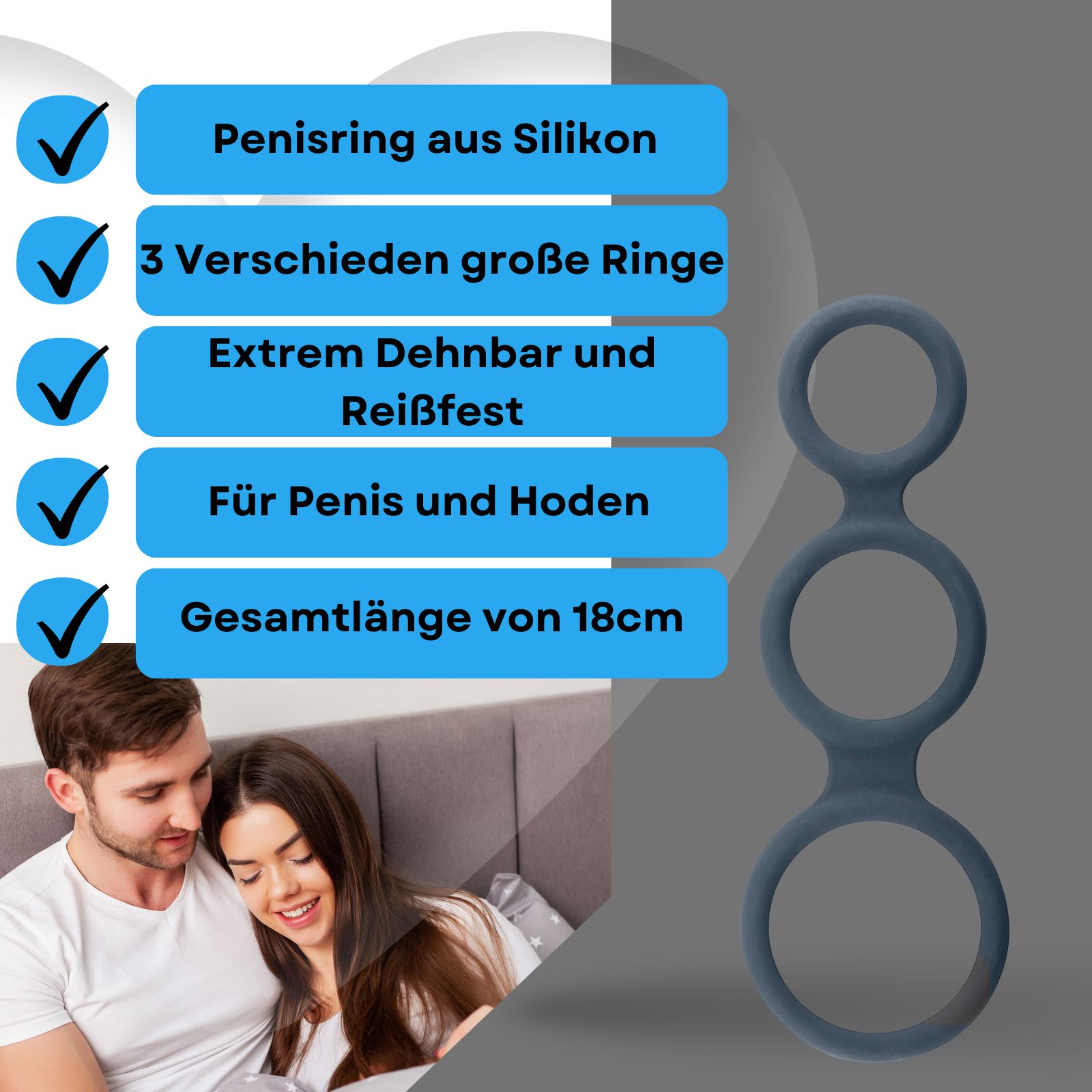 Blauer Penisring mit drei Ringen. Paar im Hintergrund. Text: Penisring aus Silikon, 3 Ringe, dehnbar.