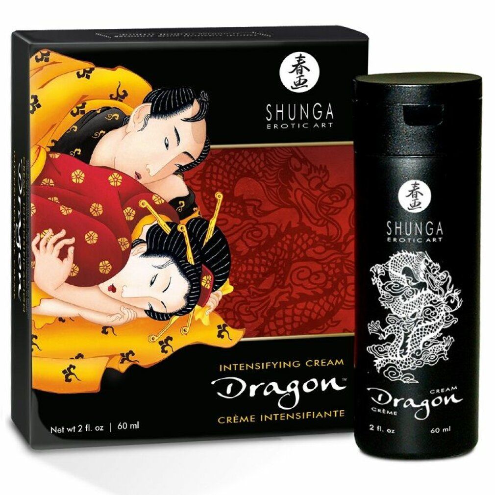 Schwarze Flasche und Schachtel mit Shunga Dragon Intensifying Cream. Produktname und Drachenmotiv.