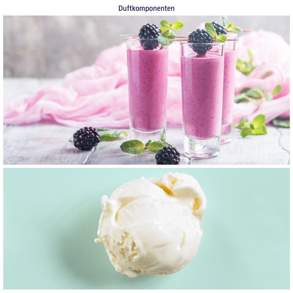 Deux images : en haut, verres avec boisson violette, mûres et menthe. En bas, une boule de glace à la vanille sur fond bleu. Texte : Composants parfumés.
