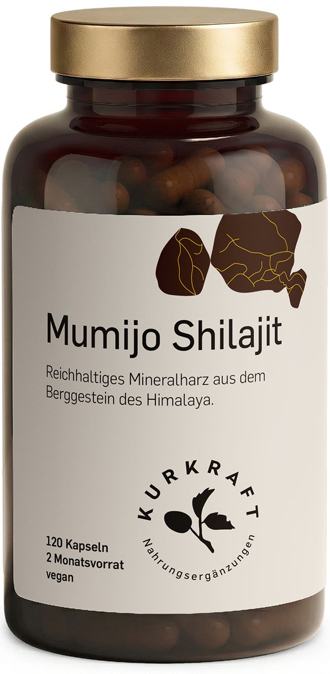Braune Glasflasche mit Kapseln. Etikett mit Text: Mumijo Shilajit, 120 Kapseln, 2 Monatsvorrat, vegan. Kurkraft Logo.