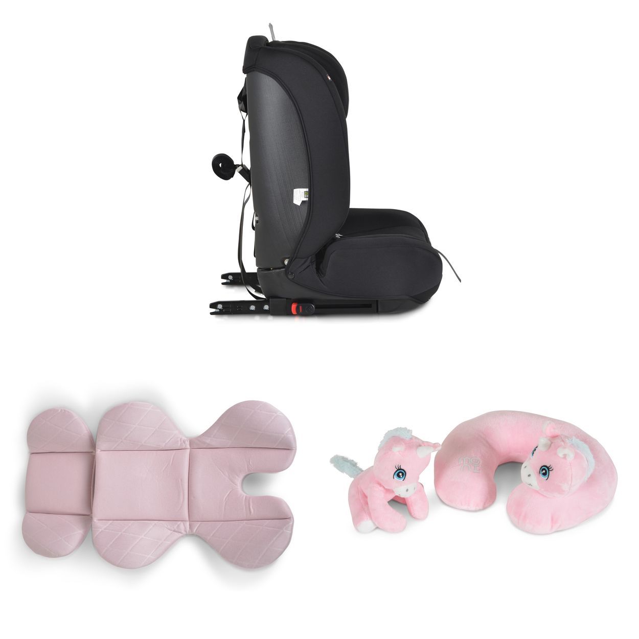 Schwarzer Kindersitz mit rosa Einlagen, Nackenkissen und Einhorn-Spielzeug.