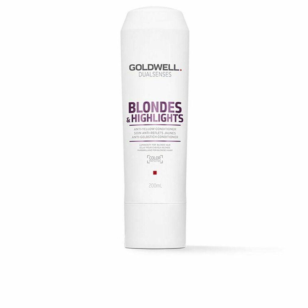 Weiße Tube Goldwell Dualsenses Blondes & Highlights Anti-Gelbstich Conditioner. 200ml. Produktabbildung.