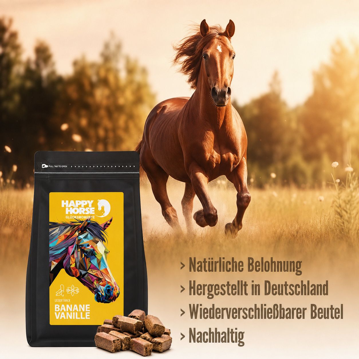 Happy Horse Lecker Snack Banane Vanille mit laufendem Pferd und Produktvorteilen.