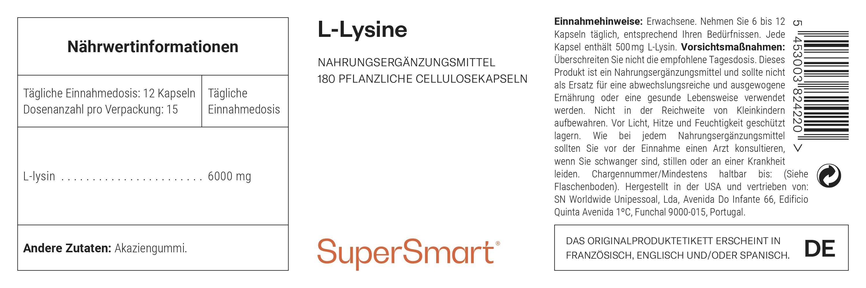 L-Lysin-Nahrungsergänzungsmittel. 180 pflanzliche Zellulosekapseln. SuperSmart-Logo. Nährwertinformationen.