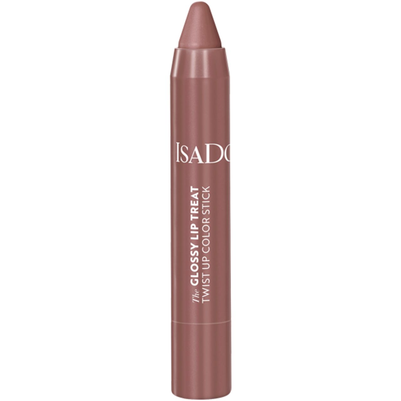 Lippenstift in Stiftform. IsaDora-Logo und Produktname. Farbton: Rosa-Braun. Glänzendes Finish. Aufschrift: The Glossy Lip Treat Twist Up Color Stick.