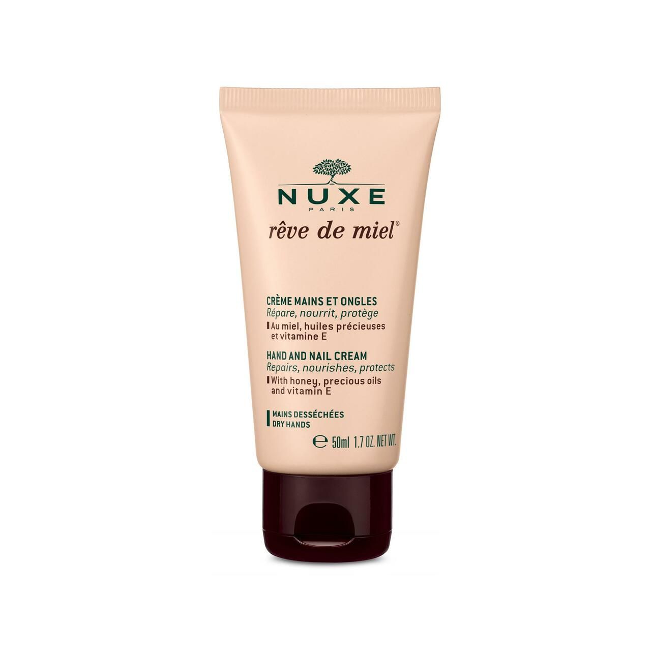 Creme-Tube. NUXE Rêve de Miel Hand- & Nagelcreme. Beige Tube mit braunem Deckel.