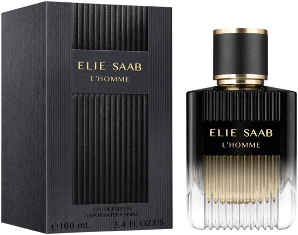 Schwarzer Flakon und Schachtel. Aufschrift: ELIE SAAB L'HOMME. 100 ml, 3.4 FL.OZ.U.S. Auf der Schachtel.