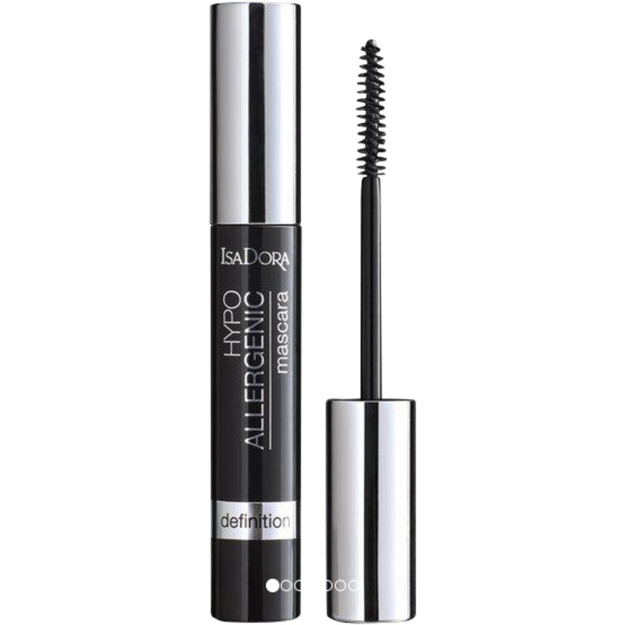 Schwarze Mascarabürste und -tube. Silberne Kappe. Text: IsaDora, Hypo Allergenic Mascara, Definition.